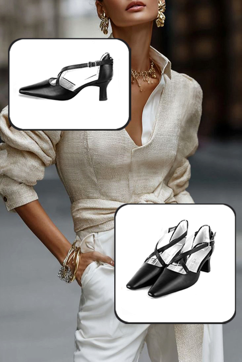 Dress heels closed-back crossed straps in satin black leather with medium spool heels and tapered toe - Worn view
